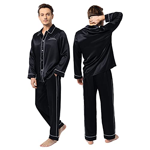sericum 22 Momme Silk Men Pajamas Set with Double Row Piping, Long Silk Pajamas Set with Notched Collar Men Silk Pajamas Set Long Sleeve Soft Sleepwear Black