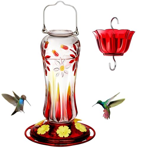 Kingsyard Hummingbird Feeder for Outdoors Hanging, 25 Ounces, Glass Humming Bird Nectar Feeder with Ant Moat & 6 Feeding Ports, Leak Proof, Red