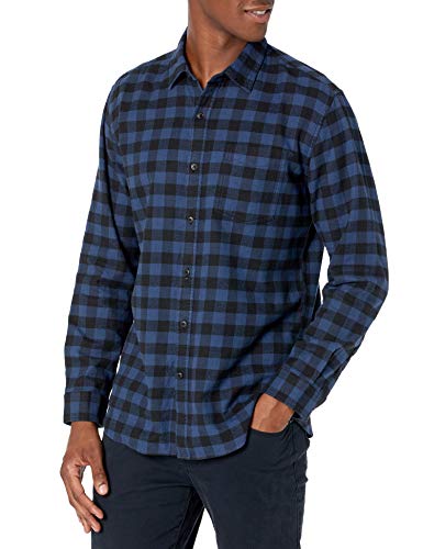 Amazon Essentials Men's Long-Sleeve Flannel Shirt (Available in Big & Tall), Black Blue Buffalo Plaid, Large
