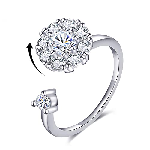 Adjustable Fidget Ring Womens Spin Ring Discreet Rolling Ring for Meditation, Anxiety Spinner Ring Relieves Stress (Silver Band Ring)