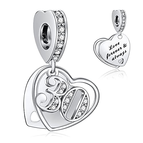 NINGAN 30 Years of Love Forever & Always Dangle Charm for Pandora Bracelets 925 Sterling Silver Pendant Bead with Cubic Zirconia Birthday Jewelry Gifts for Women Wife Mom Girls Her