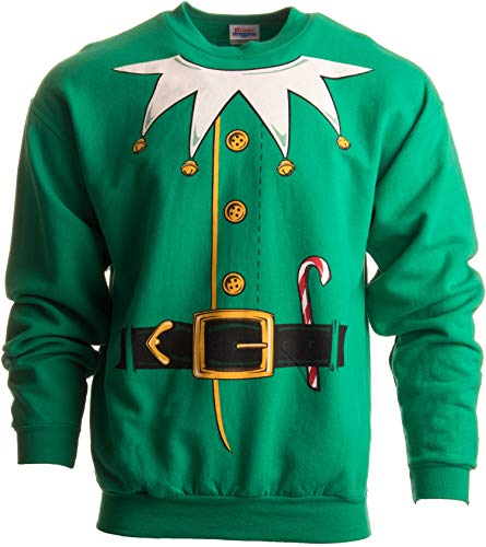 Santa's Elf Costume | Novelty Christmas Sweater, Holiday Crewneck Sweatshirt - (Crew,L) Green
