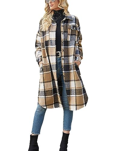 Himosyber Women's Casual Plaid Lapel Woolen Button Up Pocketed Long Shacket Coat(Brown-L)