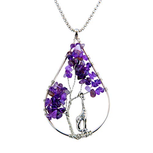 Zuo Bao Handmade Wire Wrapped Quartz Chips Tree Teardrop Pendant Necklace with Giraffe/Healing Jewelry Gift for Family (Amethyst with Giraffe)