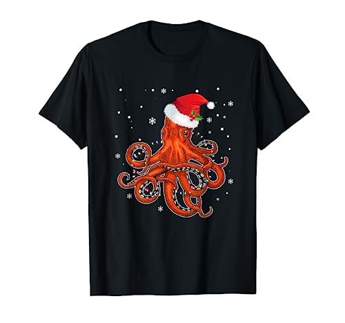 Octopus Xmas Tree Lights Santa Hat Matching Gifts Christmas T-Shirt