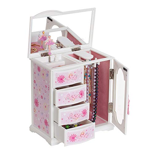 Mele & Co. Since 1912 Hyacinth Original Twirling Ballerina Pink and White Floral Painted Musical Jewelry Box Multi Drawer Organizer for Girls