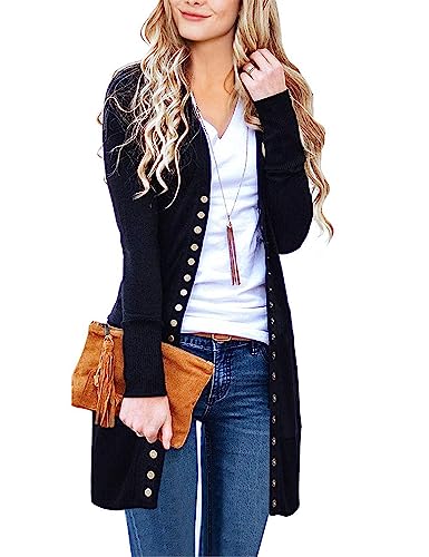 MEROKEETY Women's 2023 Fall Long Sleeve Snap Button Down Solid Color Knit Ribbed Neckline Cardigans Black