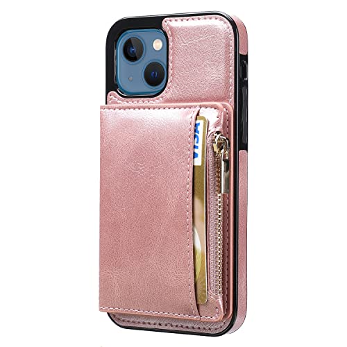Case Cover for 13 Pro Max iPhone,TACOO Back Cardholders Sturdy Durable Kickstand Shell Boy Soft Protective Leather Men Gift Bulky Zipper Card Cash Slot Unisex Women Girl, Rose Gold
