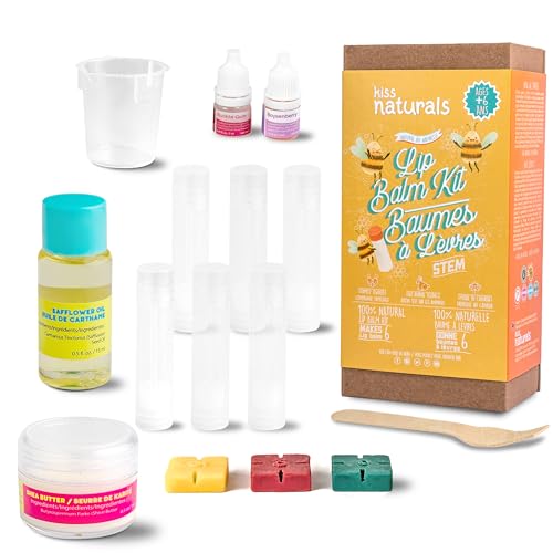 Kiss Naturals - Lip Balm Making Arts & Crafts Kit for Kids - With Organic Safflower Oil, Beeswax, Shea Butter - Stem DIY Body Care - Make 6 Lip Balms - Birthday, Holiday Gift for Girls & Boys