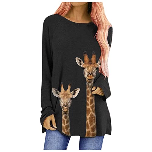 Tunic Tops for Leggings for Women Long Sleeve Crewneck Shirts Giraffes Print Casual Loose Pullover Blouse Tops, S-3XL White