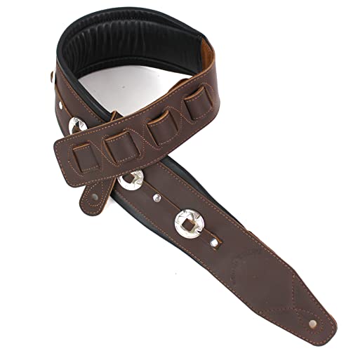 Walker And Williams C-44-BRN Handmade Brown Double Padded Premium All Grain Leather Guitar Strap with Conchos For Acoustic, Electric, And Bass Guitars
