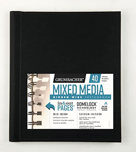 Grumbacher 5.5' x 8.5' Mixed Media Paper Hardcover Sketchbook with In & Out Pages and Hidden Wire, 90 lb./185 GSM, Side Wired, 40 White Sheets, 460700463