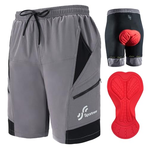 Sportneer Mens Mountain Bike Shorts - 3D Padding MTB Cycling Shorts for Men with Liner and Loose Fit (Large, Grey)