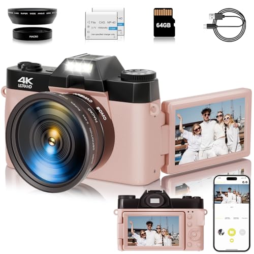 4K Digital Camera for Photography, 48MP Vlogging Video WiFi Camera for YouTube with 3'' 180°Flip Screen, 64GB SD Card, 16x Digital Zoom, 2 Batteries, Point Shoot Compact Travel Vintage Cameras(Pink)