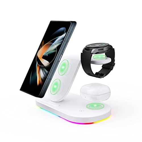 OVISBAI 3 in 1 Android Wireless Charger for Samsung Devices, Wireless Charging Station for Samsung Galaxy Z Fold 4/Flip 4/S22 Ultra/S22+/S22/S21/Note20,Galaxy Watch 4/3,Galaxy Buds 2 Pro/2 White