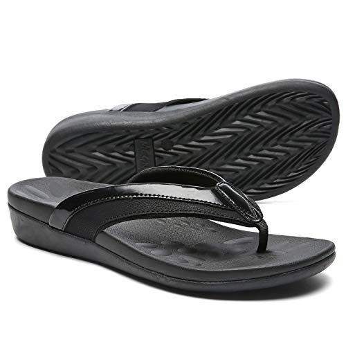 MEGNYA Classic Ortho Bunions Flip Flops for Women, Plantar Fasciitis Supportive Fit Sandals for High Arch, Comfortable Walking Thong Dressy Sandals for Outdoors black size 8