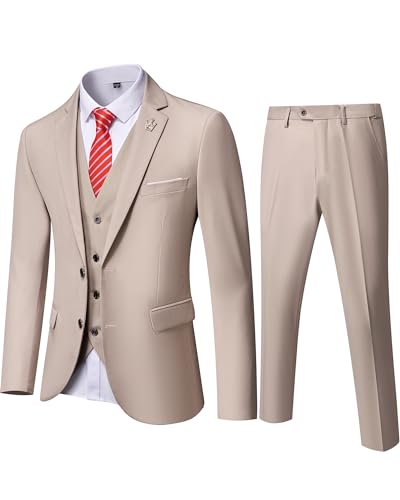 MYS Men's 3 Piece Slim Fit Suit Set, 2 Button Blazer Jacket Vest Pants with Tie, Solid Wedding Dress Tux and Trousers Beige