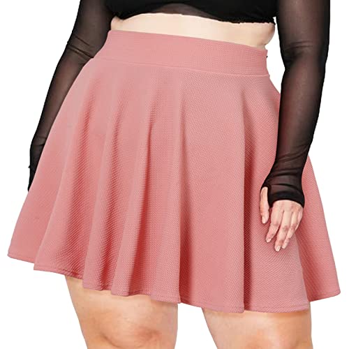 Moon Wood Women's Plus Size Mini Skater Skirt- Basic Versatile High Waisted Flared Casual Stretchy Skirts Pink