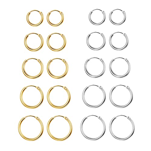 Senteria 10 Pairs Small Hoop Earrings for Women Stainless Steel Gold Silver Black Hypoallergenic Hoop Earrings Huggie Endless Hoop Earrings Set for Men 8/10/12/14/16mm