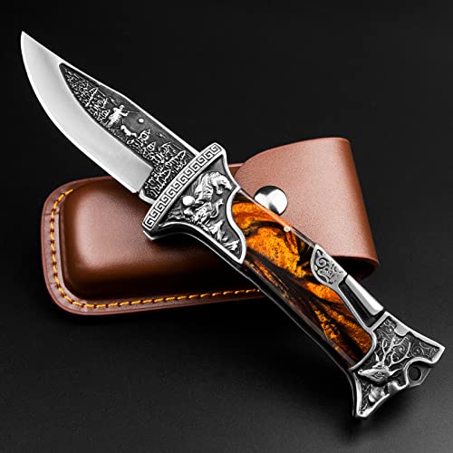 NedFoss TIGER ROAR Pocket Knife for Men, 3.5 inch Engraved Unique Folding Knife, Pocket Knives with Holster, Cool Knives, Personalized Gifts for Men