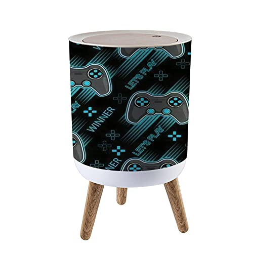 CAKOJV188 Round Trash Can with Press Lid Seamless Abstract with Colorful Joystick Game for Boys Small Garbage Can Trash Bin Dog-Proof Trash Can Wooden Legs Waste Bin Wastebasket 7L/1.8 Gallon