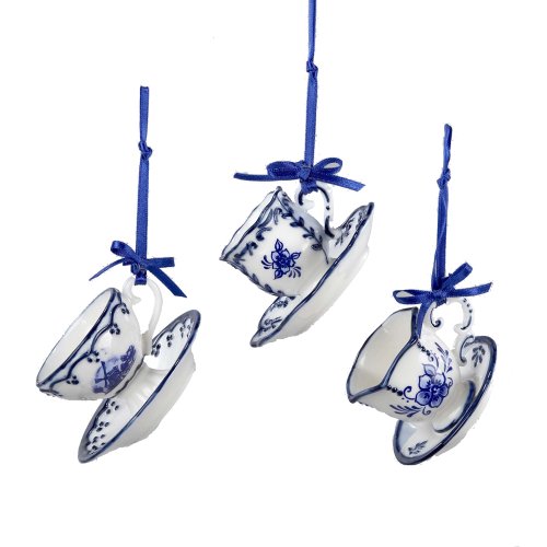 Kurt Adler J0651 2' Porcelain Delft Blue Cup And Saucer Ornament Set Of 3