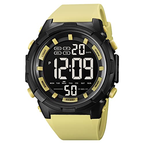 XCZAP Large Dial Stopwatch Sport Mens Watches LED Light Digital Wristwatches 5Bar Waterproof Countdown Clock(Yellow)