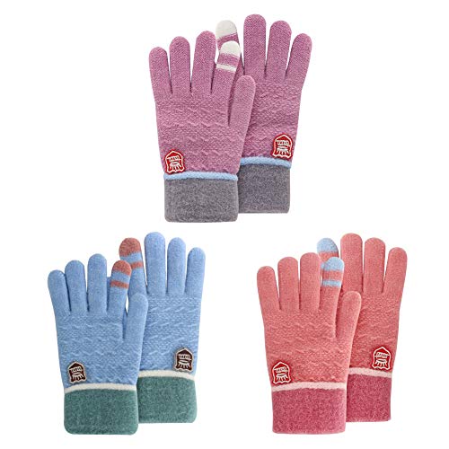 ORVINNER Kids Winter Gloves for Boys Girls, 3 Pairs Children Warm Wool Lined Gloves Toddler Thermal Knitted Mittens 4-12 Years, Pink/Light-blue/Purple (Crown Style)