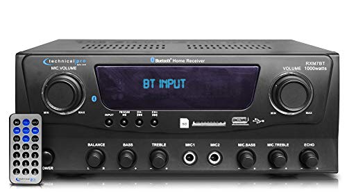 Technical Pro 1000 Watts Professional Bluetooth Receiver with USB & SD Card Inputs, 2 Mic Inputs, Compatible Recorder, and Wireless Remote Control for Home Speakers and Theater Entertainment