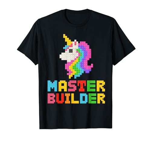Cute Unicorn Master Builder Girl Block Building Brick Kids T-Shirt