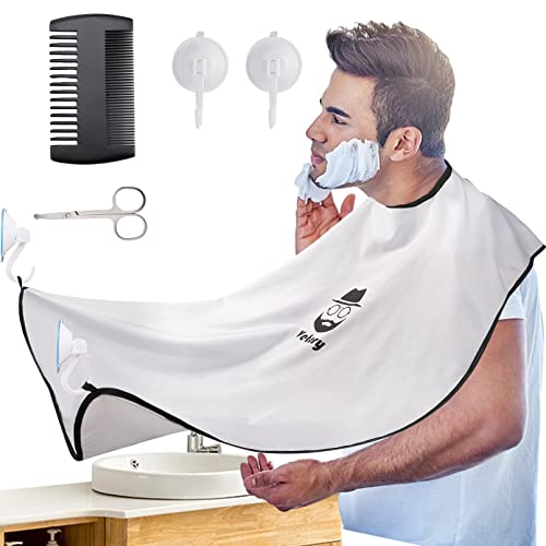 Beard Bib Beard Apron,Beard Hair Catcher,Waterproof Non-Stick Beard Cape Grooming Cloth,Beard Catcher for Men Shaving Trimming with 2 Suction Cups Comb Scissor,Adjustable Neck Straps,Best Gift for Men
