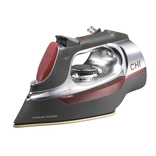CHI Steam Iron for Clothes with Titanium Infused Ceramic Soleplate, 1700 Watts, Retractable Cord, 3-Way Auto Shutoff, 400+ Holes, Professional Grade, Silver (13106), Dial Temperature Control