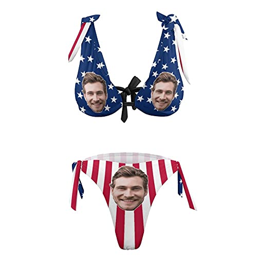 Personalized Face Swimsuit American Flag Custom Shoulder Strap Bikini Bathing Suits Swimwear for Women Girls