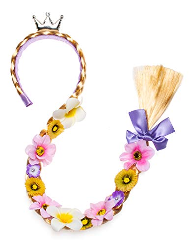 Long Hair Princess Hairpiece Long Cosplay Braided Wigs for Girls Princess Dress Up Accessories (Rapunzel Flowers Headband)