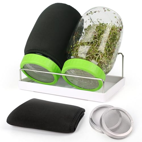 Complete Sprouting Jar Kit| 2 Wide Mouth Mason Jars, ABS Lids & 316 Stainless Steel Sprout Lids, Blackout Sleeves, Tray, Stand| Sprouter Set for Growing Broccoli, Alfalfa and More-Seeds not Included