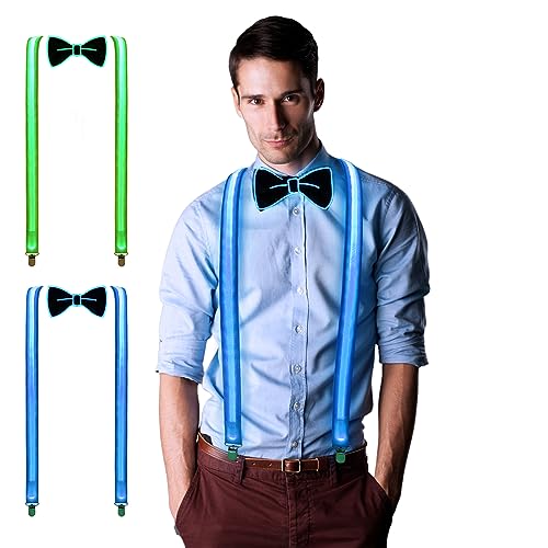 VAIPI 4 Pack Light up Bow Tie and LED Suspenders Combo Set Adjustable Luminous Strap Neon Bowtie Men Women Festival Outfit Rave Party Clothes Costume for Bar Dance Show - 3 Flash Modes（Green & Blue）