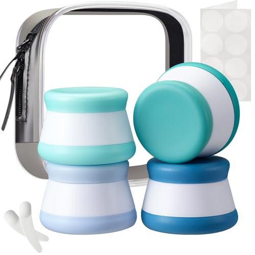 INSFIT Travel Containers for Toiletries, TSA Approved Silicone Cream Jars, Travel Size Containers with Lids, 4PCS BPA Free Leakproof Travel Accessories for Liquid Lotion with Labels Mini Spatulas Blue