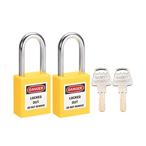 uxcell Lockout Tagout Safety Padlock 1-1/2-Inch Steel Shackle Keyed Alike Yellow 2Pcs