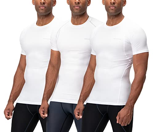 DEVOPS 3 Pack Men's Cool Dry Short Sleeve Compression Shirts, Sports Baselayer T-Shirts Tops, Athletic Workout Shirt (X-Large, White/White/White)