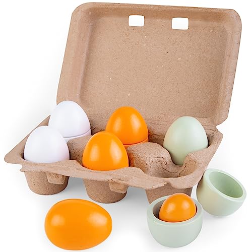 MCPINKY 6PCS Wooden Play Eggs, Fake Egg Toys for Kids Kitchen Pretend Play Food Set for Toddlers Early Development Easter Eggs Gifts