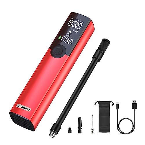 Woowind BP188 Bike Pump Electric Bicycle Pump, Portable Tire Inflator Air Pump for Bikes, Auto Shut-Off with Presta, Schrader Valve and Dunlop Valve, 150 PSI and Rechargeable (Red)