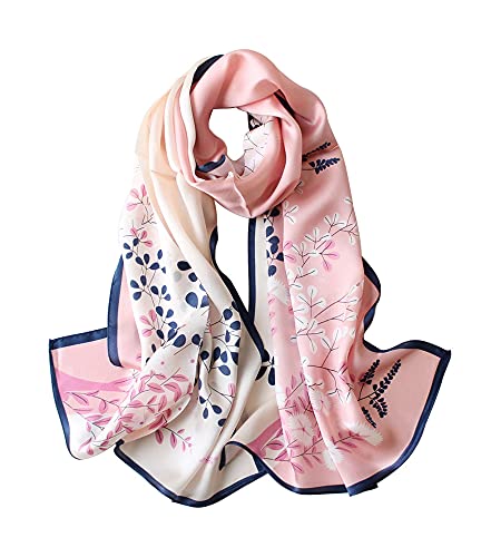 ANDANTINO 100% Mulberry Silk Long Scarf for Women Large Shawls for Headscarf and Neck- Oblong Hair Wraps with Gift Packed (Pink Leaves)