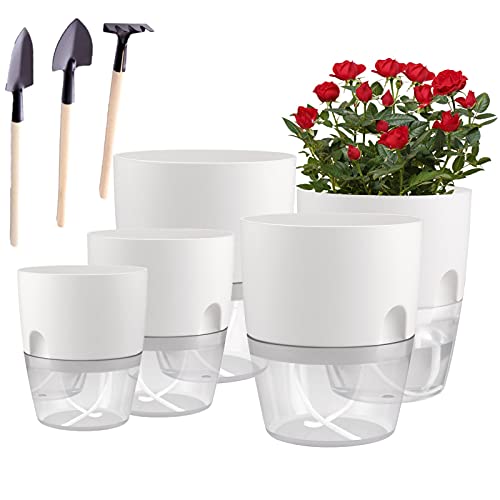 JFMAMJ Plant and Flower Pot Set, 5 Pack 6/4.1/3.2 Inch Self Watering Pots for Indoor Plants Wicking Pots, Modern Decorative Planter Pot for House Plants, Aloe, Herbs, African Violets, Succulents