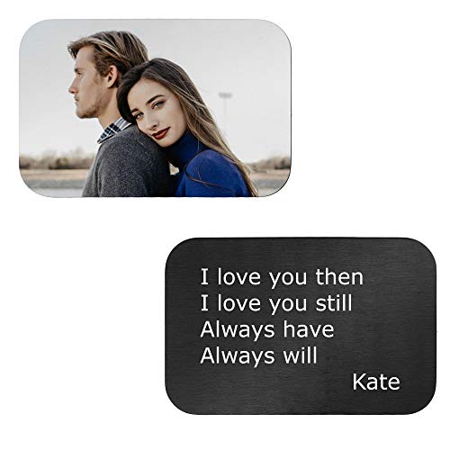 Full Color Photo Printing + Laser Engraved Personalized Message Stainless Steel Custom Wallet Mini Love Insert Card Handmade to Husband Wife Lover Birthday Anniversary Valentines Gift - Black