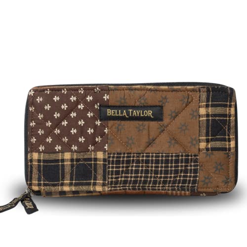 Bella Taylor Slim Card Wallet for Women | Multi Card Zip Around Wallet with RFID Protection | Quilted Cotton Ironstone Black and Brown Patchwork