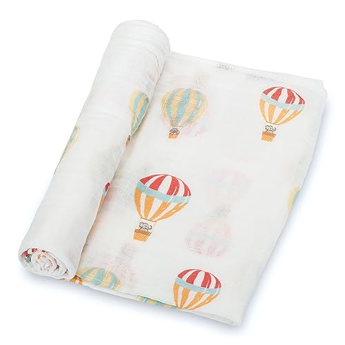 LollyBanks Muslin Swaddle Blanket | 100% Cotton | Newborn and Infant Blanket | Large 47 x 47 inches for Girls | Light Weight and Breathable | Hot Air Balloons Prints