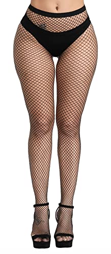 Henwarry Women's Fishnet Stockings Thigh High Wide Fishnet Tights (B02-Black(Small Hole))
