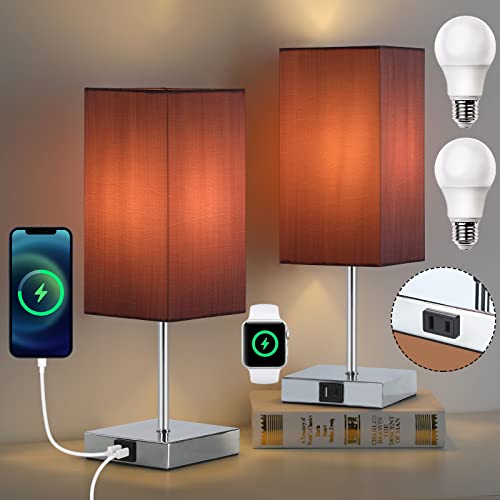 SEEDED-DESIGN Touch Lamps for Bedrooms Set of 2, Small Bedside Lamp with USB Port and Outlet, 3-Way Dimmable Nightstand Lamp for Living Room(LED Bulb Included) (Square, Purple)