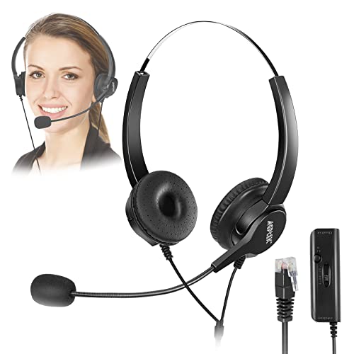 AGPTEK Hands-Free Call Center Noise Cancelling Corded Binaural Headset Headphone with 4-Pin RJ9 Crystal Head and Mic Microphone for Desk Phone - Telephone Counselling Services, Insurance, Hospitals