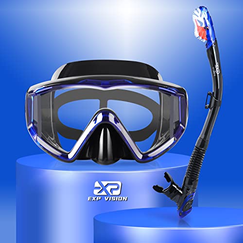 Snorkel Set Pano 3 Window Adult Snorkeling Gear, Professional Anti-Fog Snorkel Diving Mask, Anti-Leak Swim Goggles and Dry Top Snorkel for Scuba Diving, Snorkeling, Swimming (Blue)